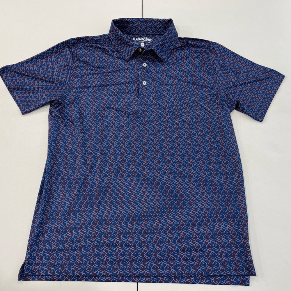 SOLD Chubbies Polo Shirt Blue Texas Graphic All Over Stretch Golf Men’s M